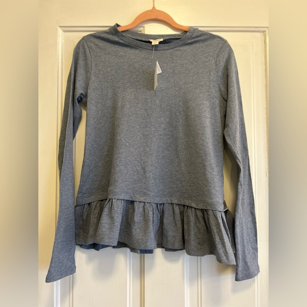 NWT Crewcuts blue heather ruffle waist long-sleeve top